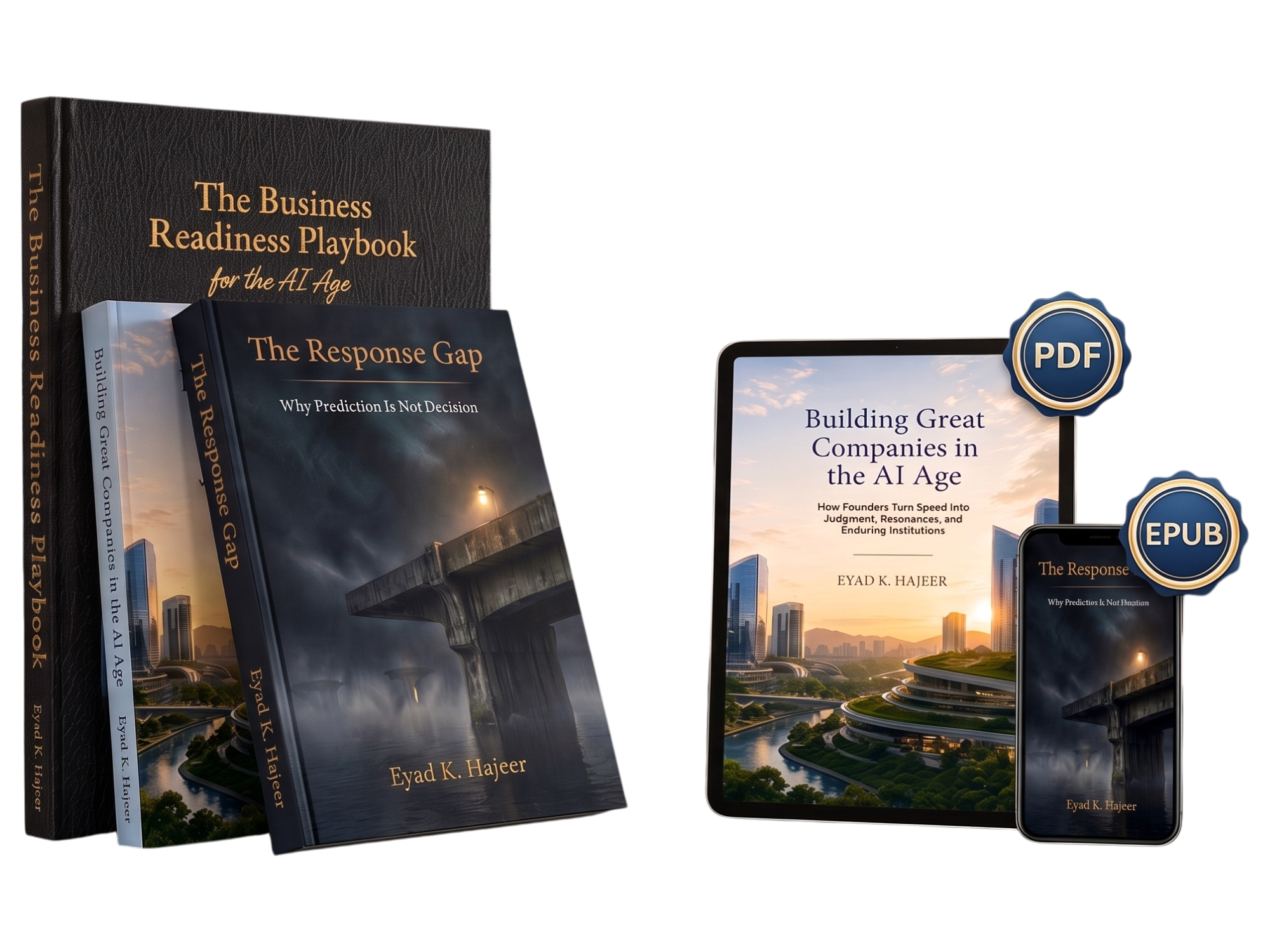 Printed copies of The Response Gap, Building Great Companies and the Business Readiness Playbook beside a tablet and phone showing the PDF and EPUB editions
